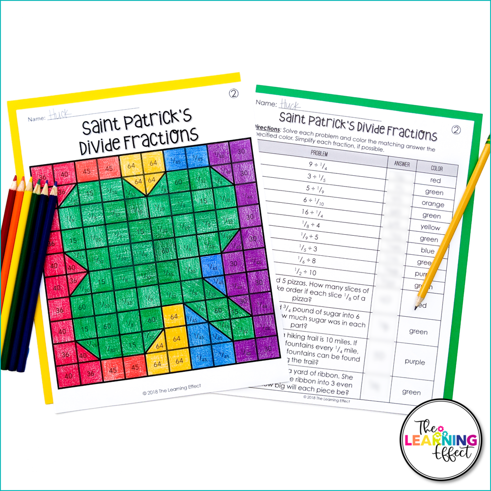 St. Patrick's Day Math Activities Mystery Picture Worksheets | Fractions