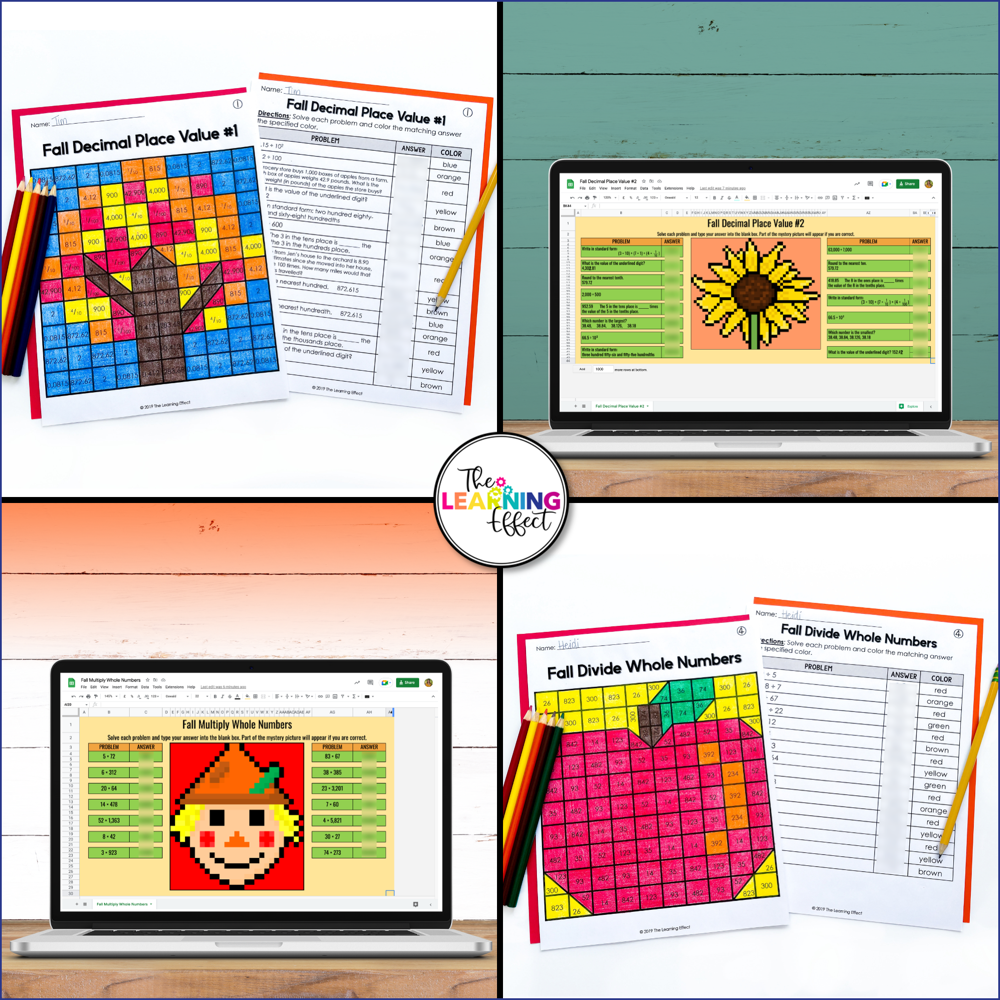 Fall Math Activities Color by Number and Pixel Art BUNDLE