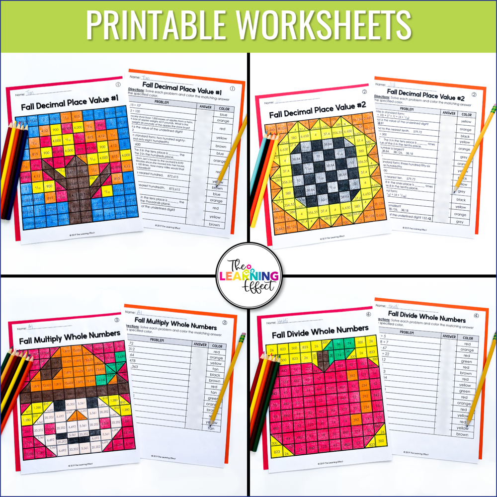 Fall Math Activities Color by Number and Pixel Art BUNDLE