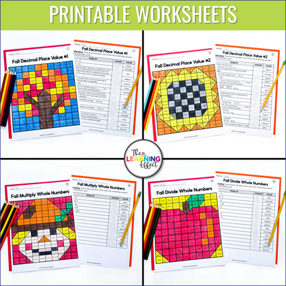 Fall Math Activities Color by Number and Pixel Art BUNDLE