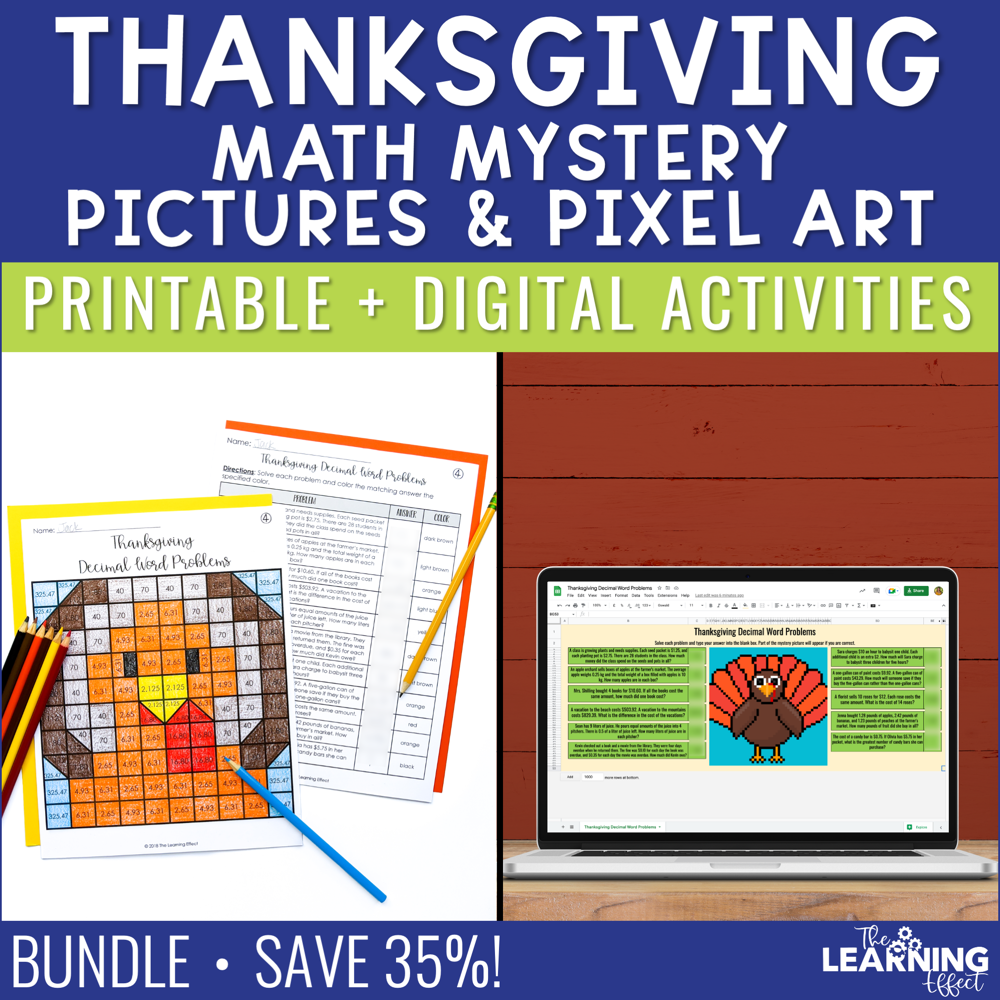Thanksgiving Math Activities Color by Number and Pixel Art BUNDLE