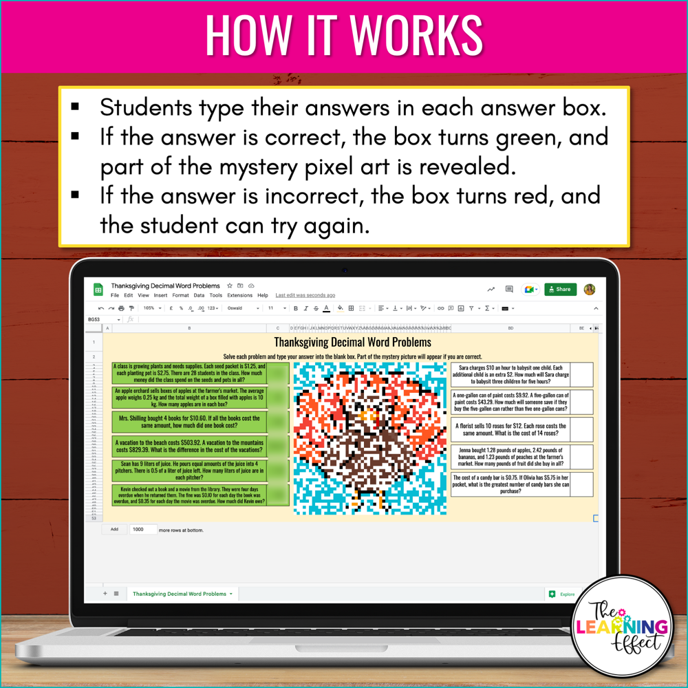 Thanksgiving Math Activities Digital Pixel Art | Decimals, Order of Operations