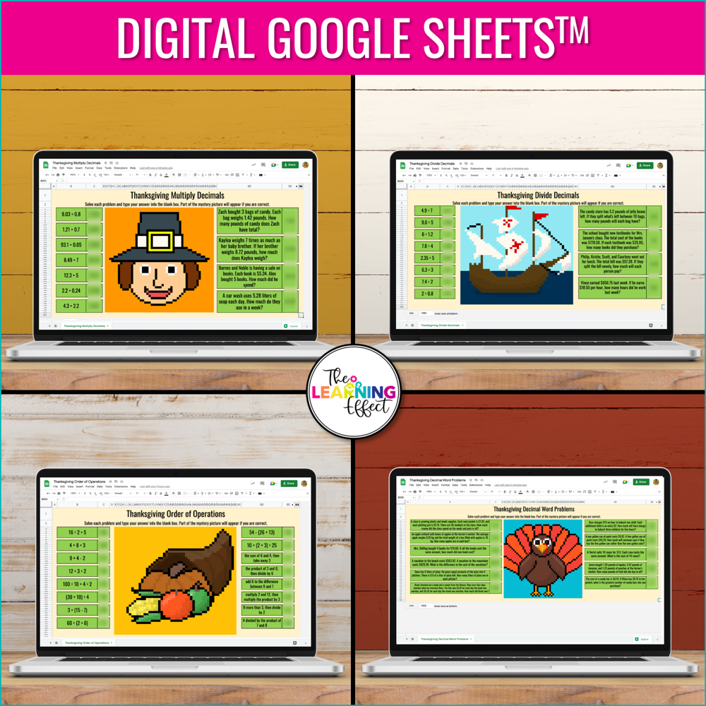 Thanksgiving Math Activities Digital Pixel Art | Decimals, Order of Operations