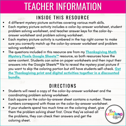 Thanksgiving Math Activities Mystery Picture Worksheets | Decimals