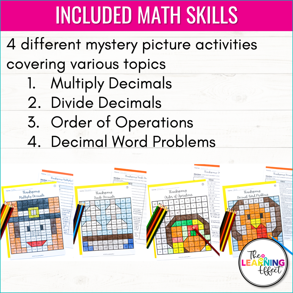 Thanksgiving Math Activities Mystery Picture Worksheets | Decimals