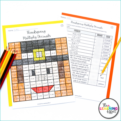 Thanksgiving Math Activities Mystery Picture Worksheets | Decimals