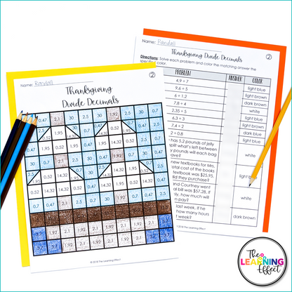 Thanksgiving Math Activities Mystery Picture Worksheets | Decimals