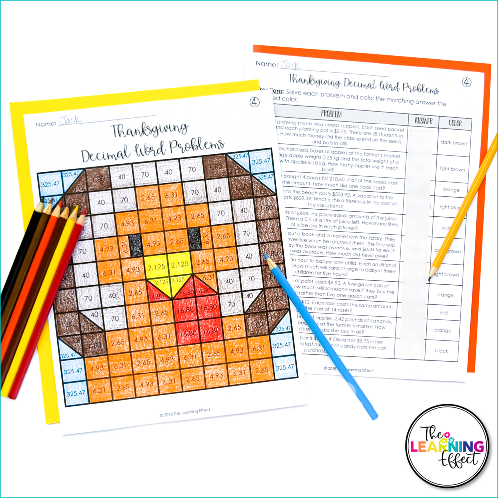 Thanksgiving Math Activities Mystery Picture Worksheets | Decimals